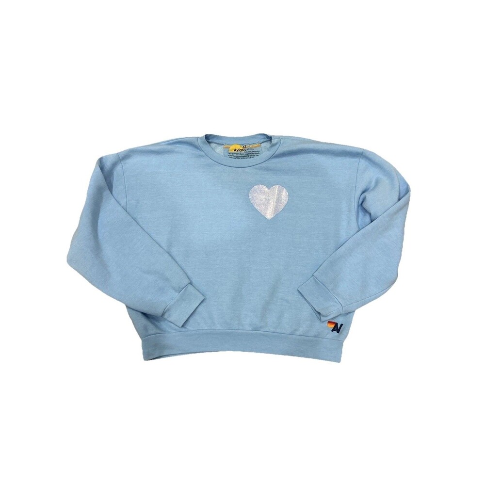 Aviator Nation Glitter Heart Relaxed Crewneck Sweatshirt Blue Size XS New - Picture 3 of 11